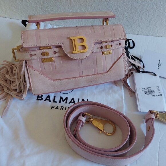 Balmain B-Buzz 19 Fringed Suede Monogram Crossbody Bag Faded Rose - Picture 10 of 15